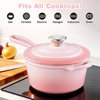 1Qt Cast Iron Sauce Pan with Lid, Kitchen Induction Soup Pot, Pink