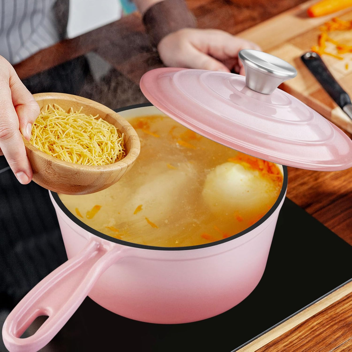 1Qt Cast Iron Sauce Pan with Lid, Kitchen Induction Soup Pot, Pink