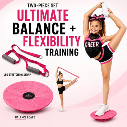 Cheer Flyer Stunt Trainer Balance Board & Leg Stretching Strap 2 Pc Set