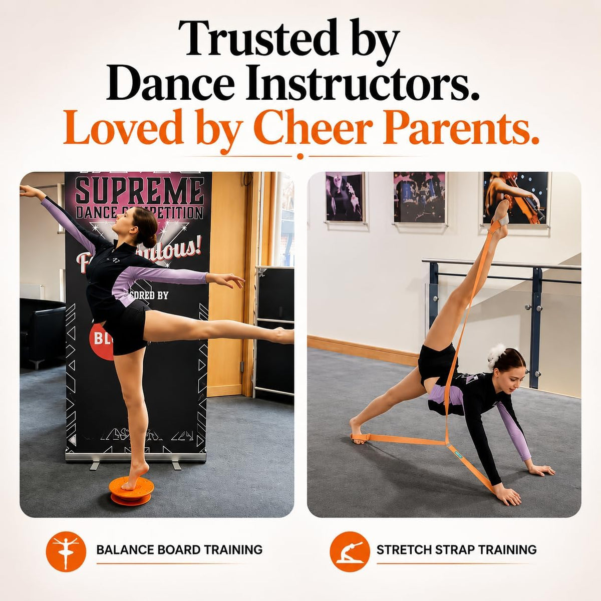 Cheer Flyer Stunt Trainer Balance Board & Leg Stretching Strap 2 Pc Set