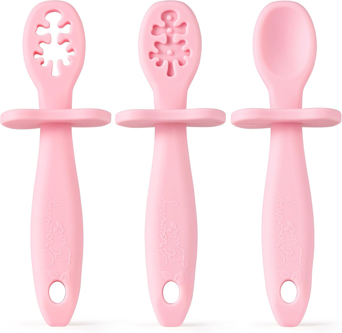 Baby Spoons Set, Self Feeding 6 months, Pre-Spoon, Baby utensils, Toddler spoon, training spoon, cuchara bebe, blw, 100% silicone, Anti choke shield (pink)