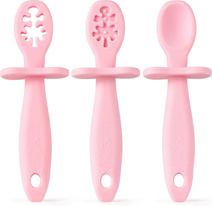 Baby Spoons Set, Self Feeding 6 months, Pre-Spoon, Baby utensils, Toddler spoon, training spoon, cuchara bebe, blw, 100% silicone, Anti choke shield (pink)