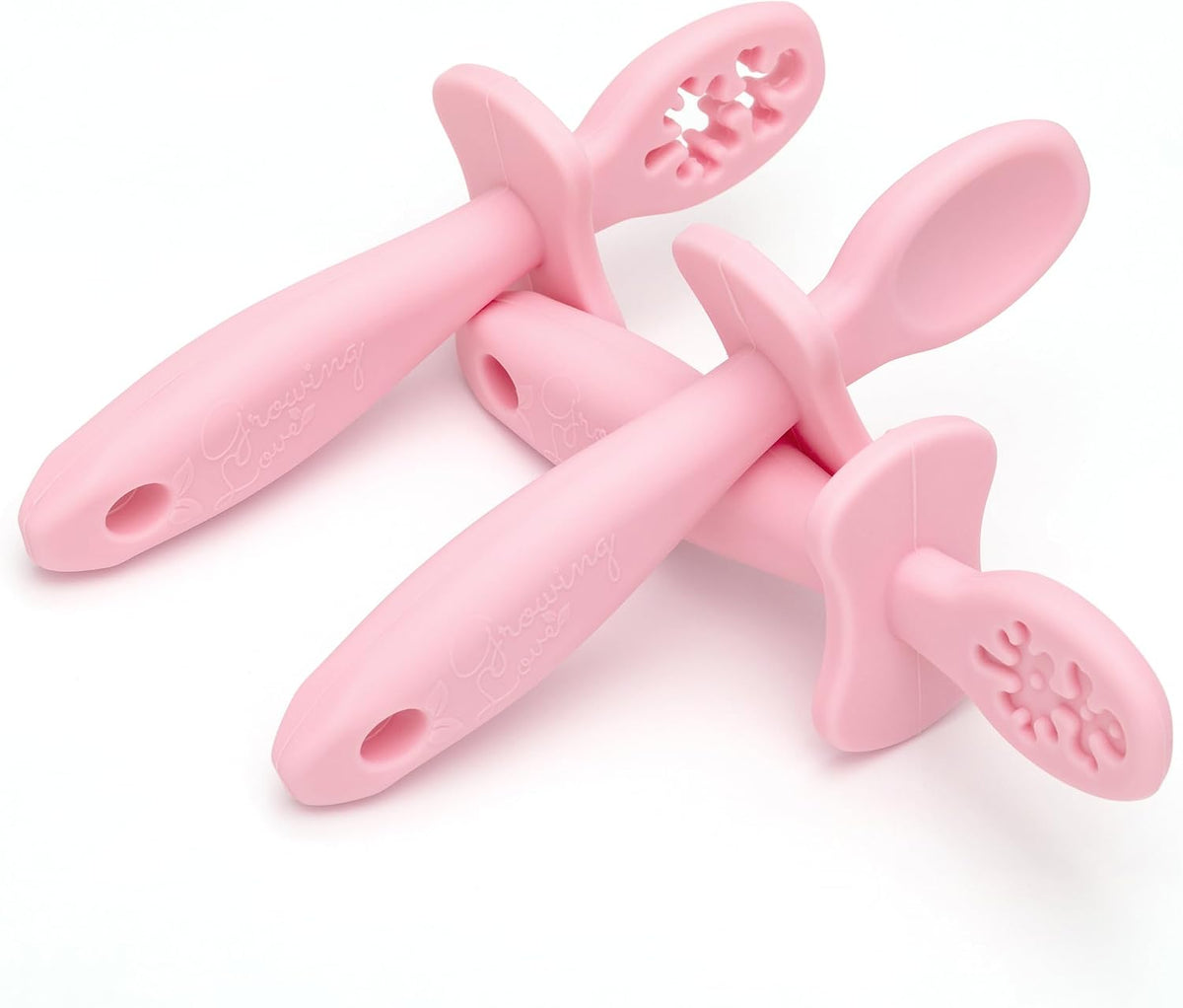 Baby Spoons Set, Self Feeding 6 months, Pre-Spoon, Baby utensils, Toddler spoon, training spoon, cuchara bebe, blw, 100% silicone, Anti choke shield (pink)