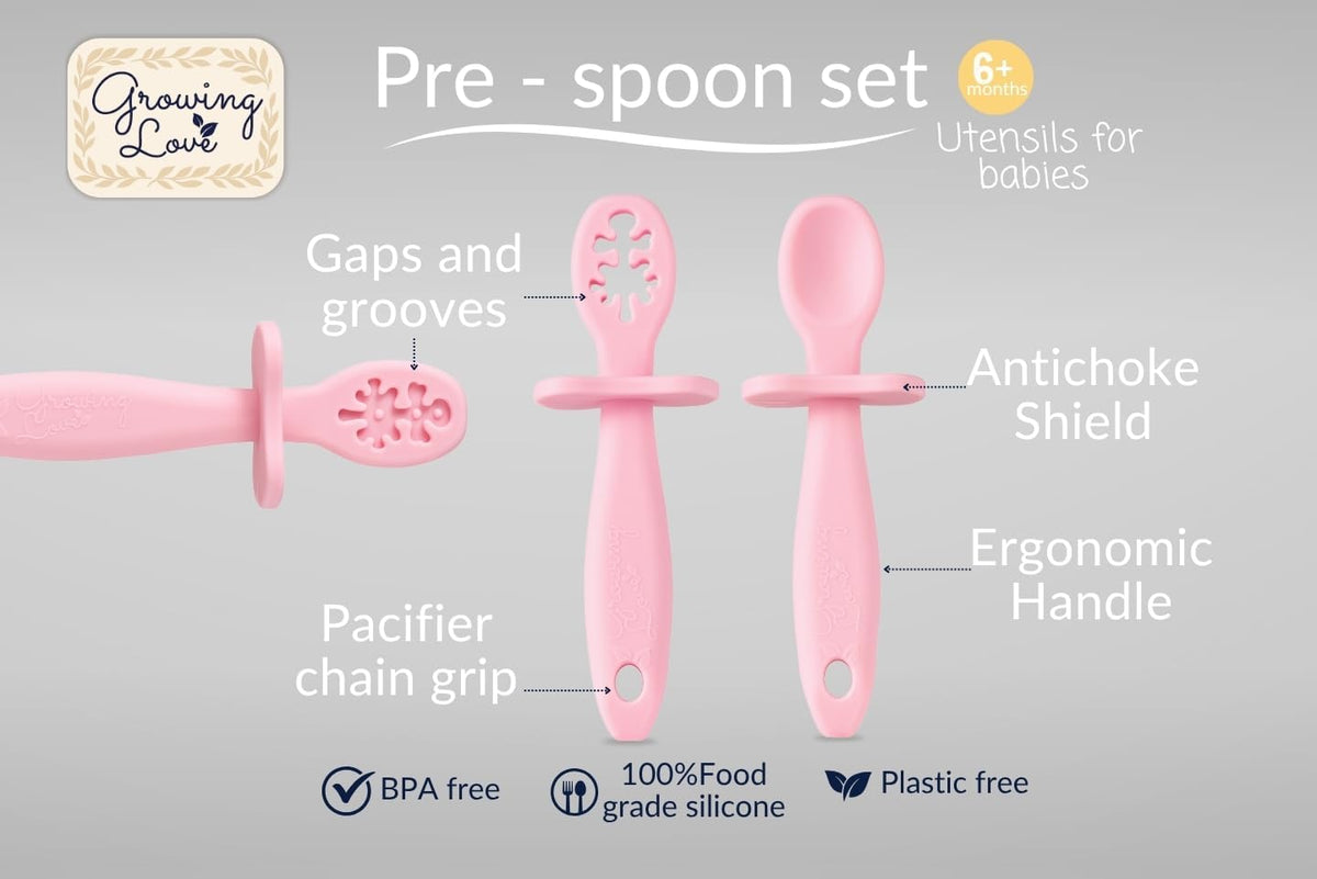 Baby Spoons Set, Self Feeding 6 months, Pre-Spoon, Baby utensils, Toddler spoon, training spoon, cuchara bebe, blw, 100% silicone, Anti choke shield (pink)