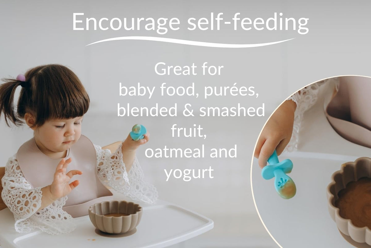 Baby Spoons Set, Self Feeding 6 months, Pre-Spoon, Baby utensils, Toddler spoon, training spoon, cuchara bebe, blw, 100% silicone, Anti choke shield (pink)