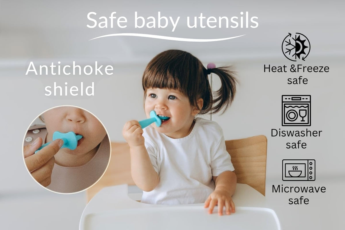 Baby Spoons Set, Self Feeding 6 months, Pre-Spoon, Baby utensils, Toddler spoon, training spoon, cuchara bebe, blw, 100% silicone, Anti choke shield (pink)