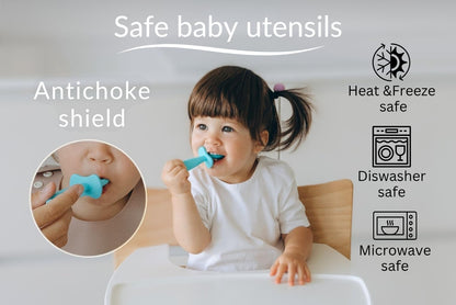 Baby Spoons Set, Self Feeding 6 months, Pre-Spoon, Baby utensils, Toddler spoon, training spoon, cuchara bebe, blw, 100% silicone, Anti choke shield (pink)