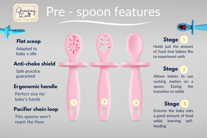 Baby Spoons Set, Self Feeding 6 months, Pre-Spoon, Baby utensils, Toddler spoon, training spoon, cuchara bebe, blw, 100% silicone, Anti choke shield (pink)