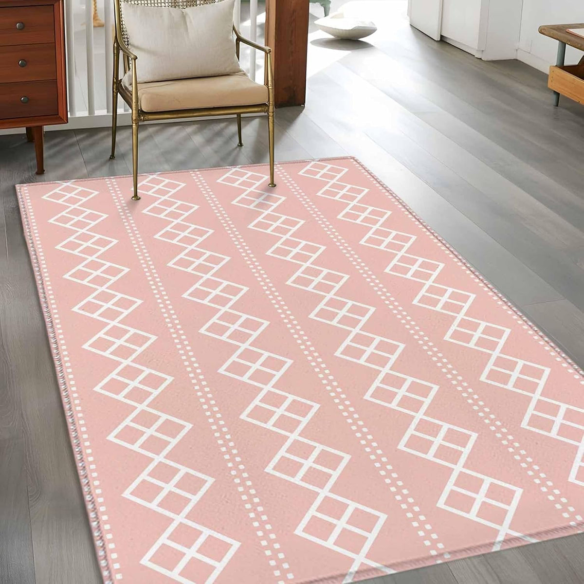 Peach Pink Checkered 4x6 Area Rug for Living Room Bedroom, Abstract White Geometric Argyle Stripe Washable Rugs Absorbent Non-Slip Indoor Carpet for Dining Room Home Office Decor