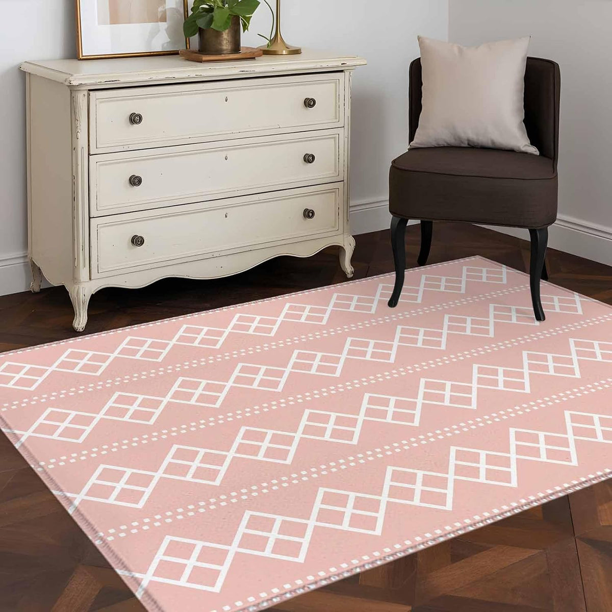 Peach Pink Checkered 4x6 Area Rug for Living Room Bedroom, Abstract White Geometric Argyle Stripe Washable Rugs Absorbent Non-Slip Indoor Carpet for Dining Room Home Office Decor