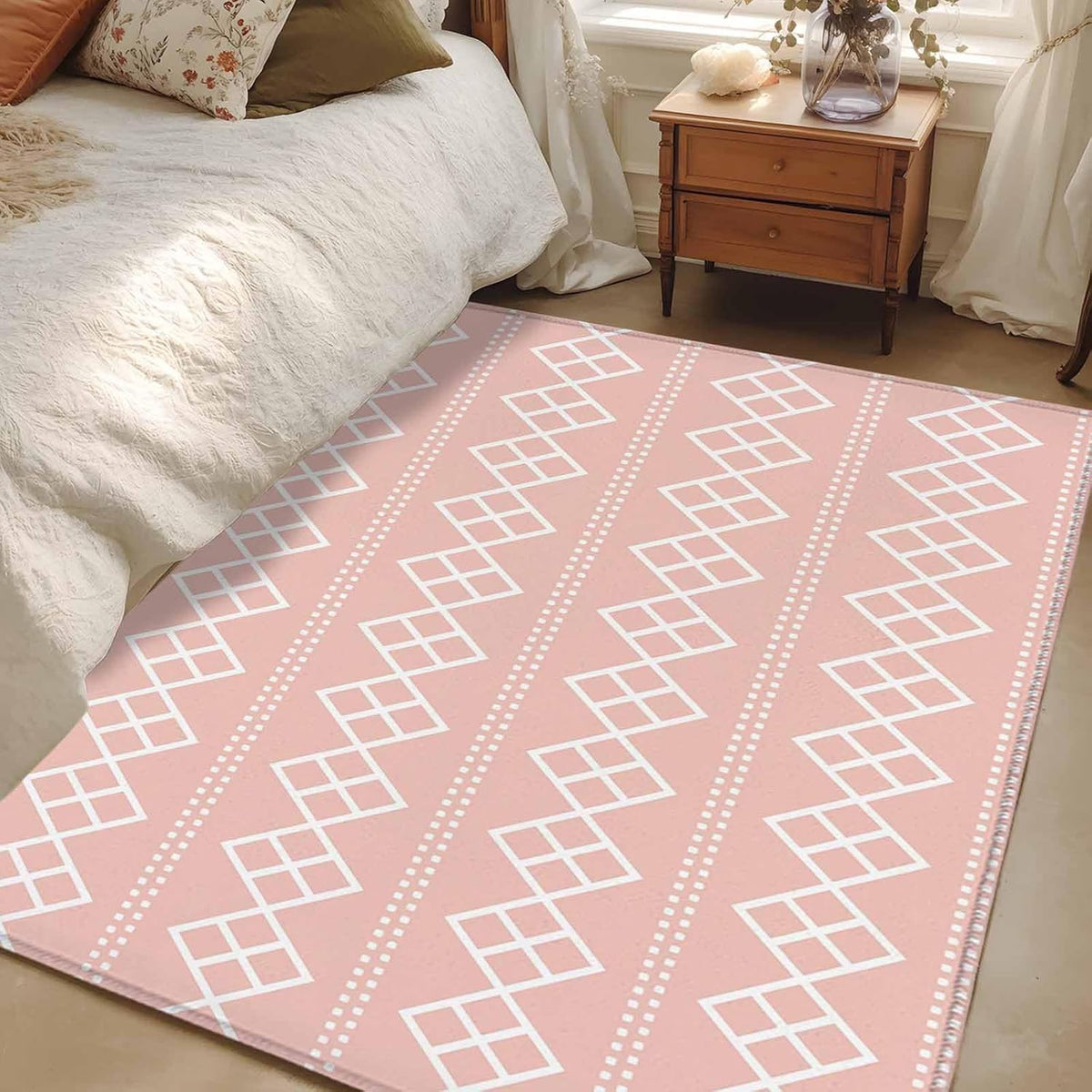 Peach Pink Checkered 4x6 Area Rug for Living Room Bedroom, Abstract White Geometric Argyle Stripe Washable Rugs Absorbent Non-Slip Indoor Carpet for Dining Room Home Office Decor