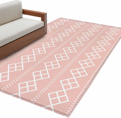 Peach Pink Checkered 4x6 Area Rug for Living Room Bedroom, Abstract White Geometric Argyle Stripe Washable Rugs Absorbent Non-Slip Indoor Carpet for Dining Room Home Office Decor