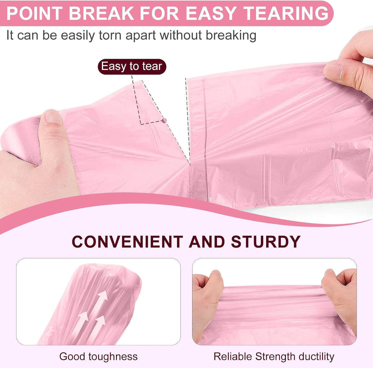 Strengthened 2.6 Gallon Small Trash Bags, 5 Rolls 100 Count, Pink
