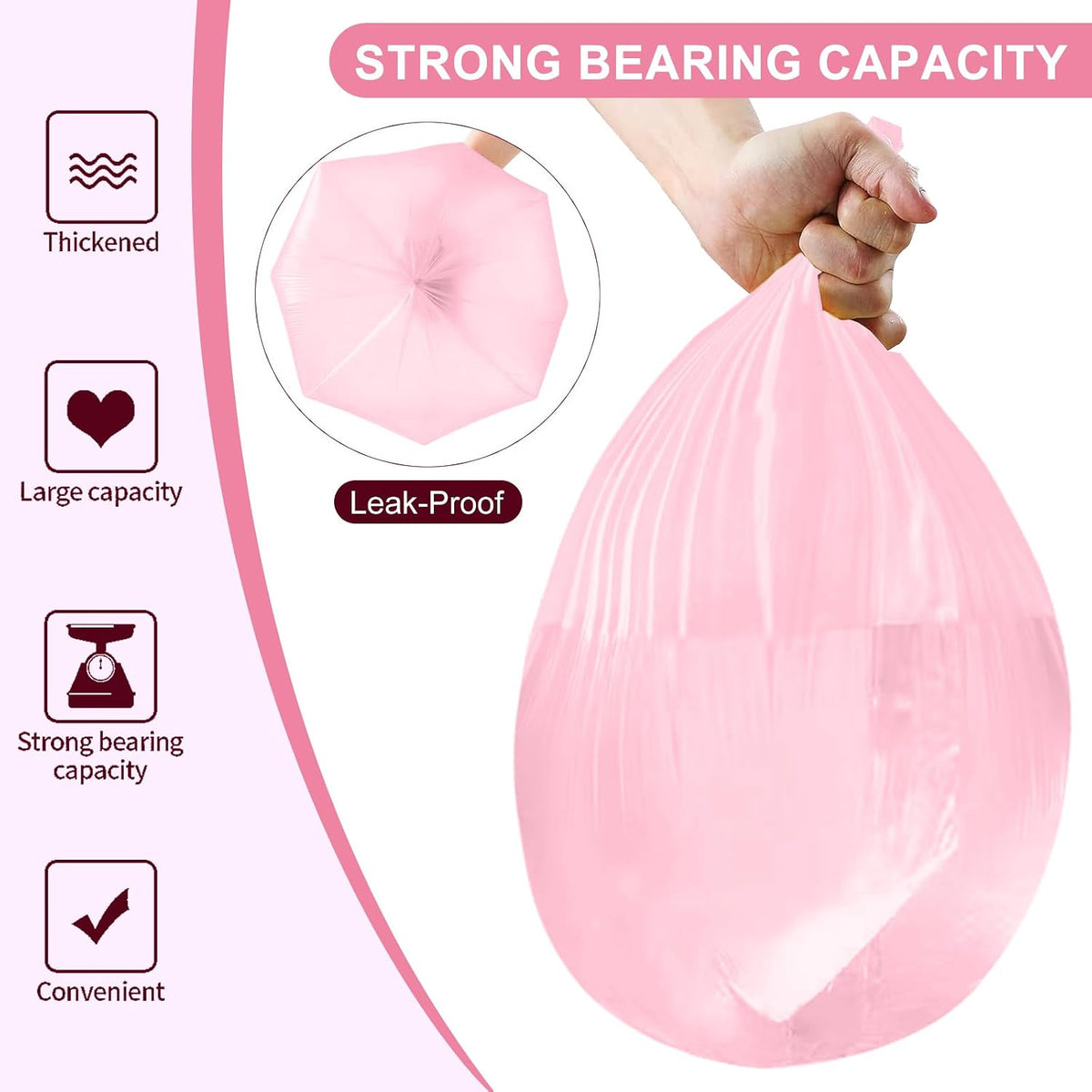 Strengthened 2.6 Gallon Small Trash Bags, 5 Rolls 100 Count, Pink