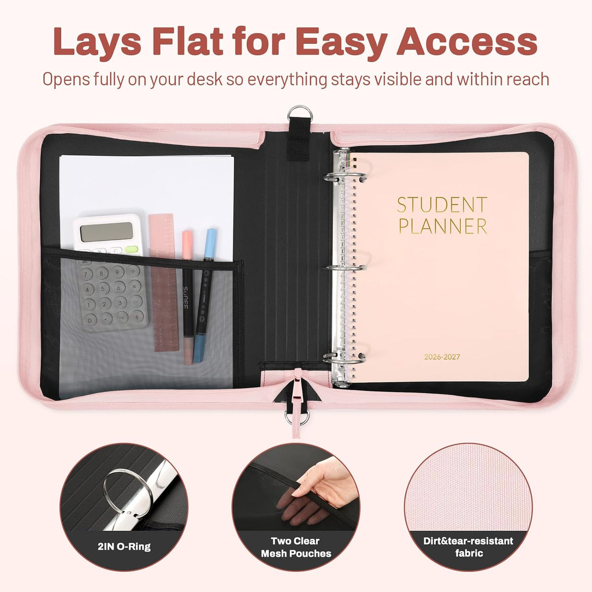 Zipper Binder 3 Ring 2-Inch in Pink Lotus Features a Shoulder Strap, 13 Inch Laptop Pocket, with Multiple Storage Pockets. Ideal Organizer for Middle School Students