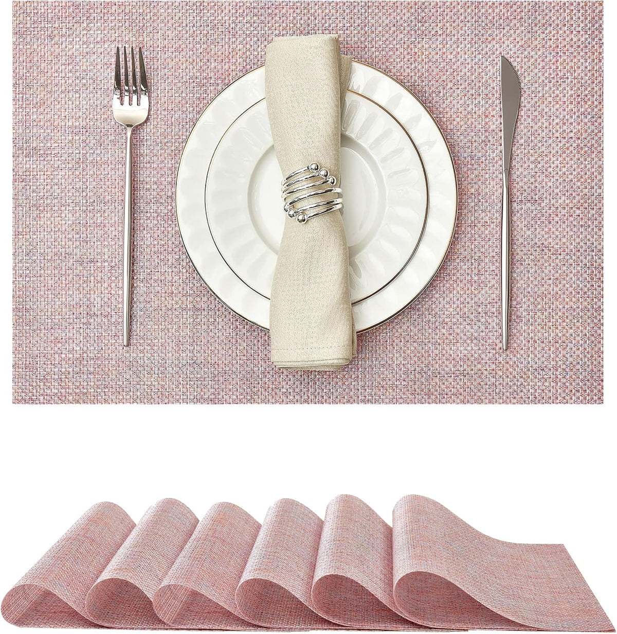 Leetaltree Woven Vinyl Placemats Set of 6,Pink Iridescent