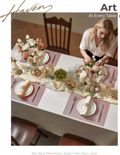 Leetaltree Woven Vinyl Placemats Set of 6,Pink Iridescent