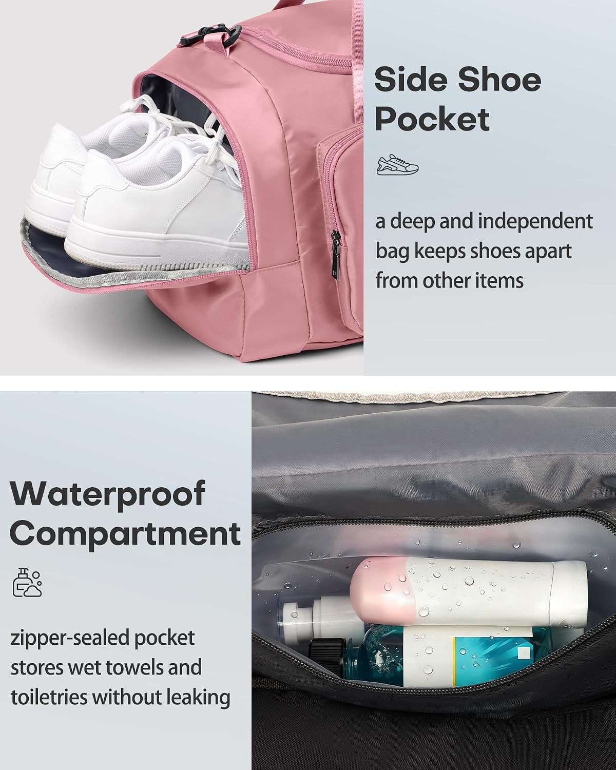 Gym Bag, Duffle Bag with Shoe Compartment, Pink 20.5x11x10.6 Inch