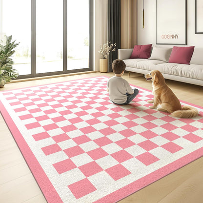 Washable 5x7 Checkered Area Rug for Living Room, Pink Checkerboard Modern Boho Large Rug, Ultra Thin Low Pile Lightweight Soft Indoor Carpet with Nonslip Backing for Bedroom Nursery Playroom Kids Girl