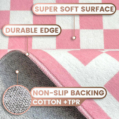 Washable 5x7 Checkered Area Rug for Living Room, Pink Checkerboard Modern Boho Large Rug, Ultra Thin Low Pile Lightweight Soft Indoor Carpet with Nonslip Backing for Bedroom Nursery Playroom Kids Girl