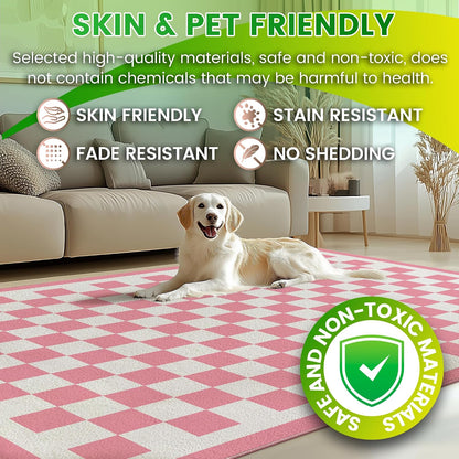 Washable 5x7 Checkered Area Rug for Living Room, Pink Checkerboard Modern Boho Large Rug, Ultra Thin Low Pile Lightweight Soft Indoor Carpet with Nonslip Backing for Bedroom Nursery Playroom Kids Girl