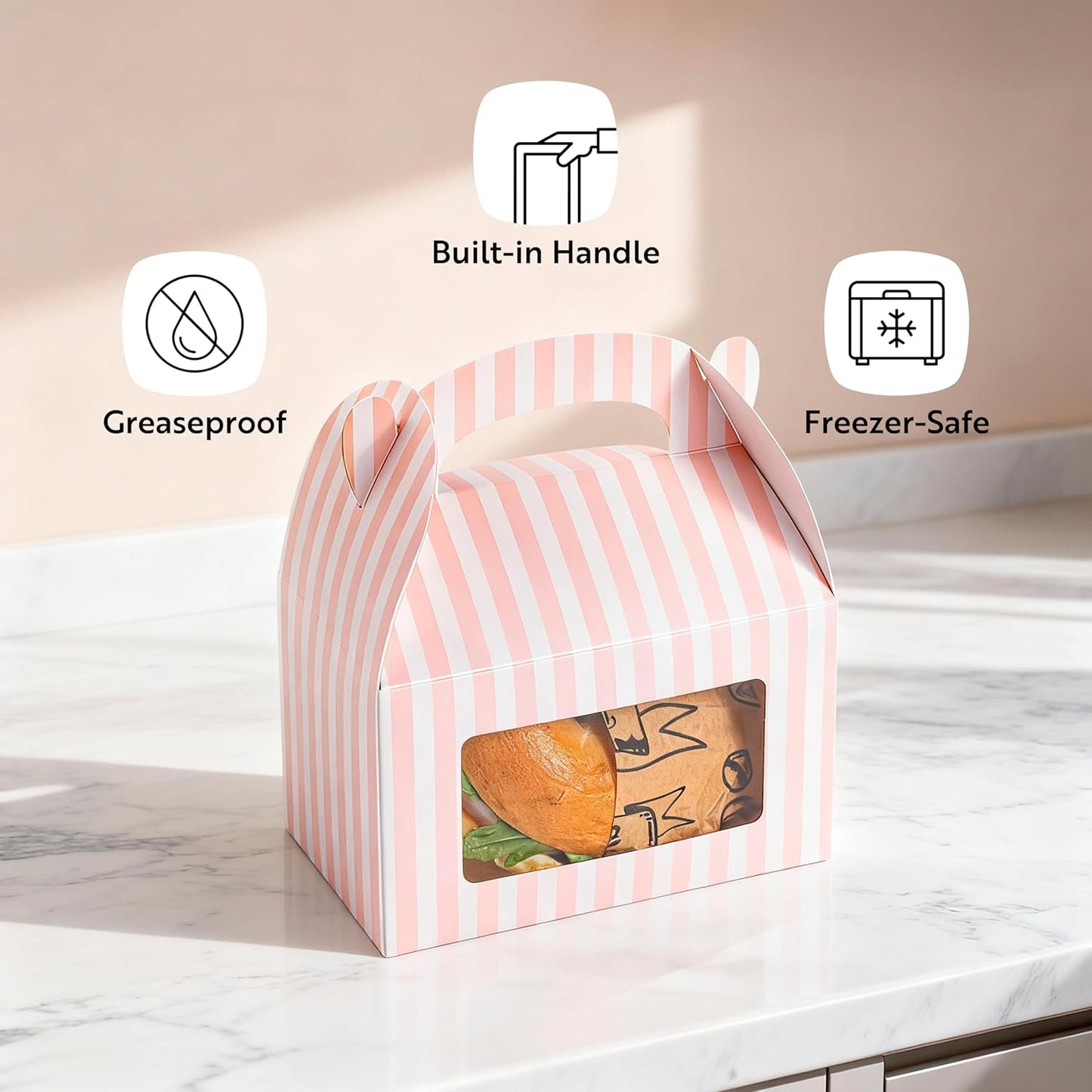 Bio Tek 6 x 3.5 x 3.5 Inch Gable Boxes For Party Favors, 25 Attractive Gift Boxes - Striped Pattern, Pink And White Paper Barn Boxes, Clear PET Window, With Built-In Handle