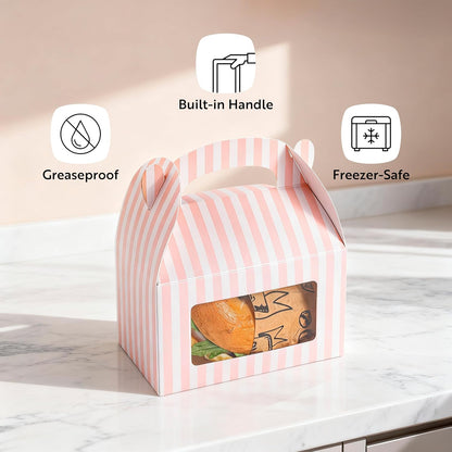 Bio Tek 6 x 3.5 x 3.5 Inch Gable Boxes For Party Favors, 25 Attractive Gift Boxes - Striped Pattern, Pink And White Paper Barn Boxes, Clear PET Window, With Built-In Handle