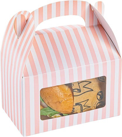 Bio Tek 6 x 3.5 x 3.5 Inch Gable Boxes For Party Favors, 25 Attractive Gift Boxes - Striped Pattern, Pink And White Paper Barn Boxes, Clear PET Window, With Built-In Handle