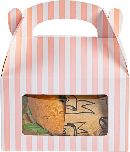 Bio Tek 6 x 3.5 x 3.5 Inch Gable Boxes For Party Favors, 25 Attractive Gift Boxes - Striped Pattern, Pink And White Paper Barn Boxes, Clear PET Window, With Built-In Handle