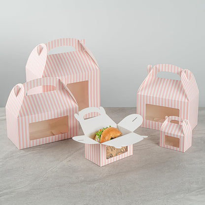 Bio Tek 6 x 3.5 x 3.5 Inch Gable Boxes For Party Favors, 25 Attractive Gift Boxes - Striped Pattern, Pink And White Paper Barn Boxes, Clear PET Window, With Built-In Handle