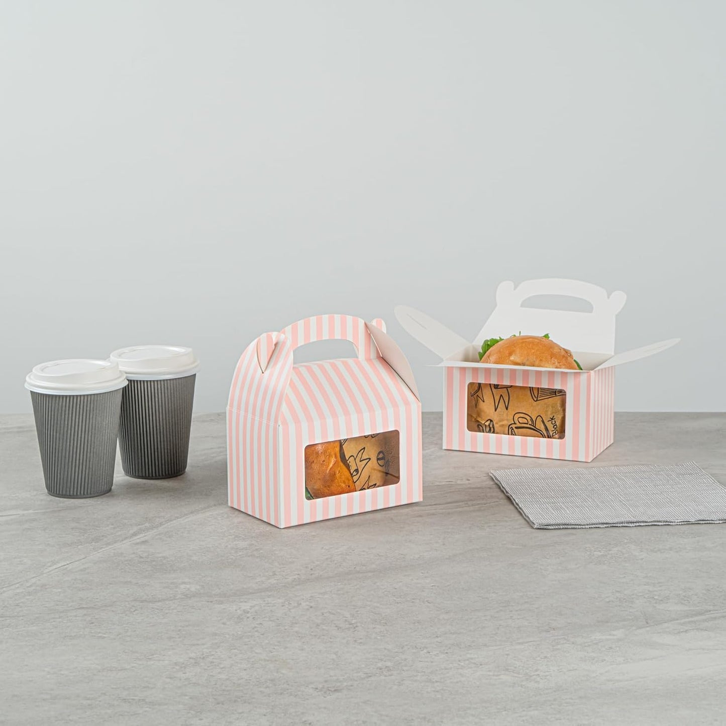 Bio Tek 6 x 3.5 x 3.5 Inch Gable Boxes For Party Favors, 25 Attractive Gift Boxes - Striped Pattern, Pink And White Paper Barn Boxes, Clear PET Window, With Built-In Handle
