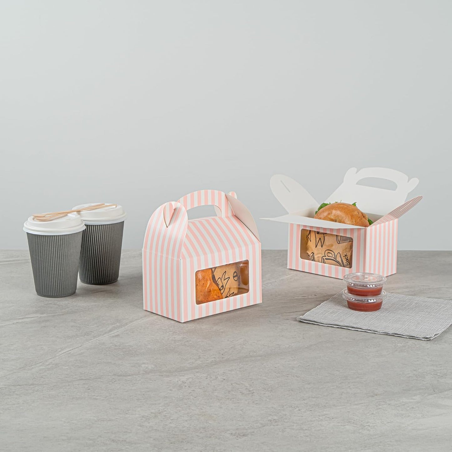 Bio Tek 6 x 3.5 x 3.5 Inch Gable Boxes For Party Favors, 25 Attractive Gift Boxes - Striped Pattern, Pink And White Paper Barn Boxes, Clear PET Window, With Built-In Handle