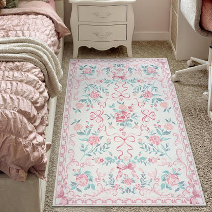 4x6 Pink Floral and Bow Washable Nursery Rug for Girls Bedroom