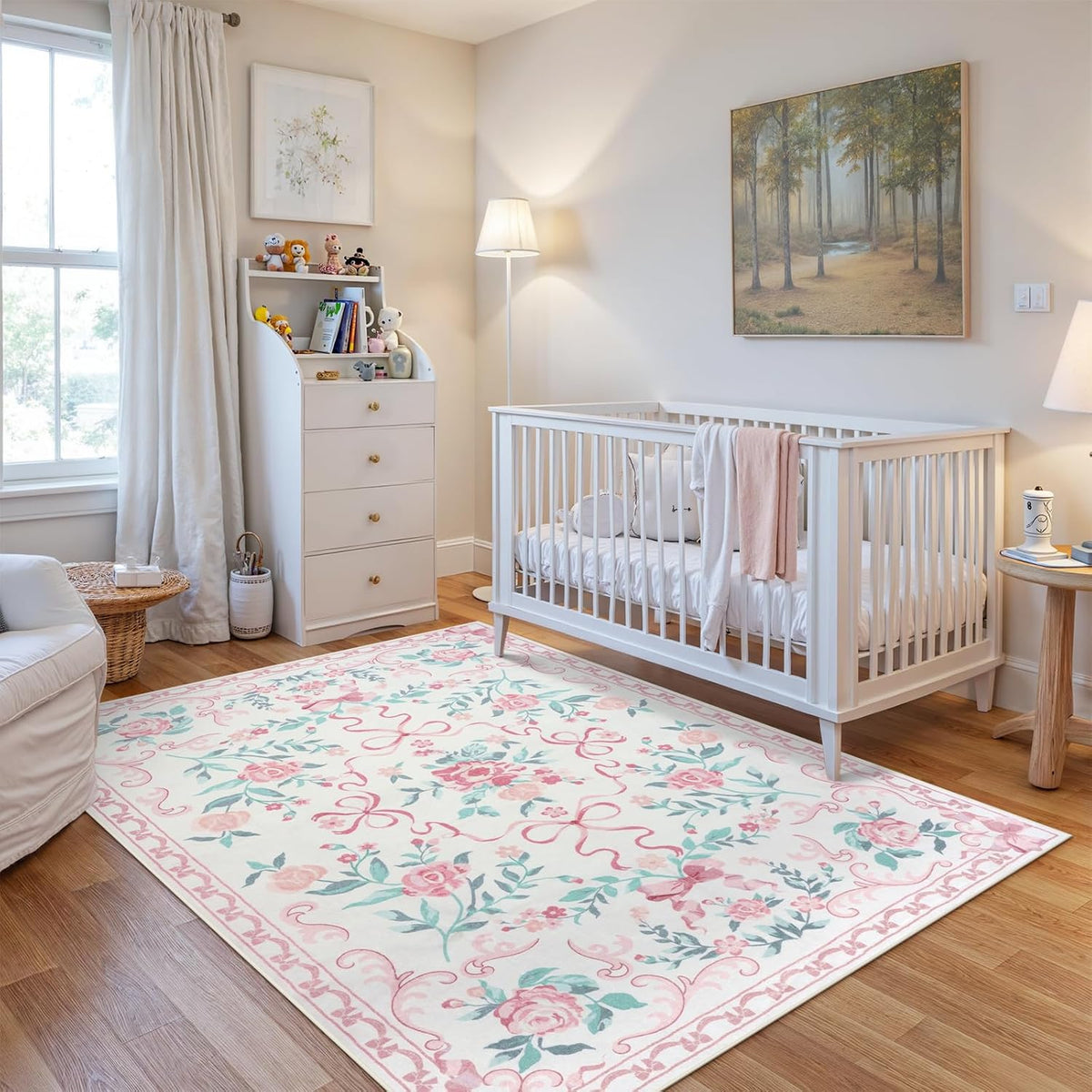 4x6 Pink Floral and Bow Washable Nursery Rug for Girls Bedroom