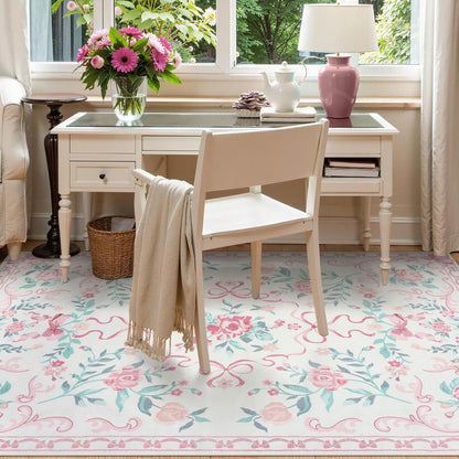 4x6 Pink Floral and Bow Washable Nursery Rug for Girls Bedroom