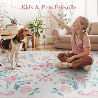 4x6 Pink Floral and Bow Washable Nursery Rug for Girls Bedroom