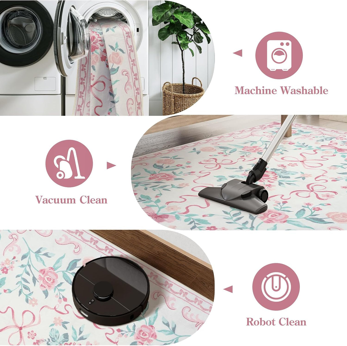 4x6 Pink Floral and Bow Washable Nursery Rug for Girls Bedroom