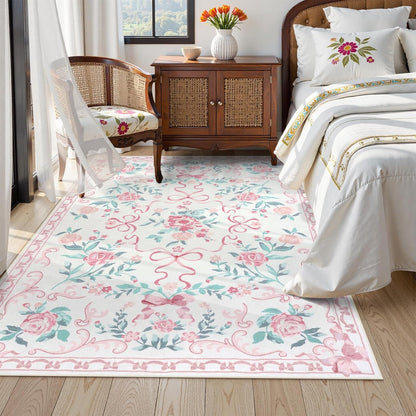 4x6 Pink Floral and Bow Washable Nursery Rug for Girls Bedroom