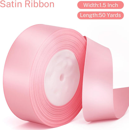 Pink Ribbon 1-1/2 Inch Pink Satin Fabric Ribbon 50 Yards for Flower Bouquet Gift Wrapping Birthday Wedding Christmas Party Decoration