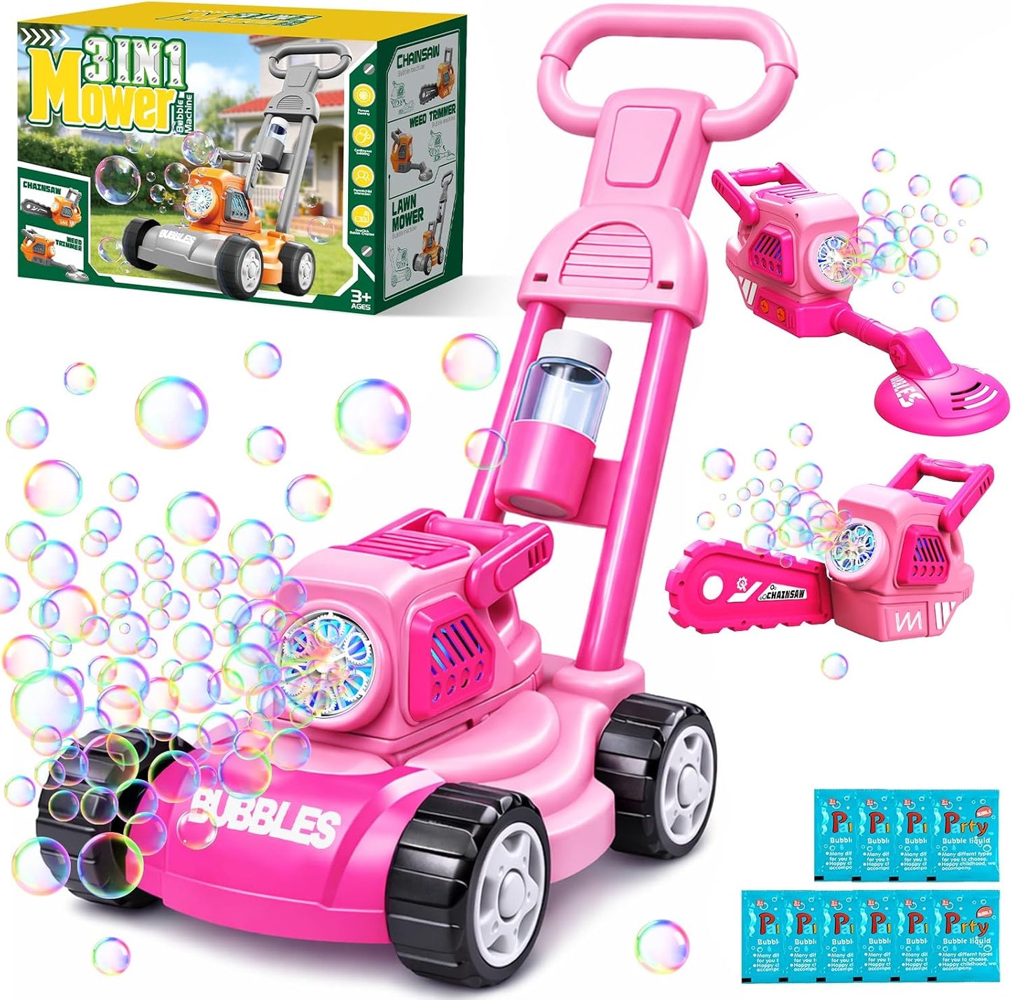 Bubble Lawn Mower for Kids,3-in-1 Bubble Machine Blower Toy Ages 3-8 Pink