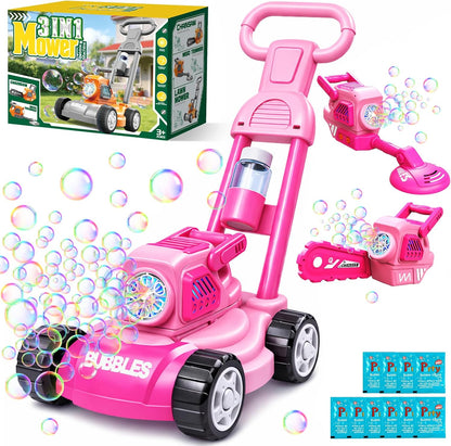 Bubble Lawn Mower for Kids,3-in-1 Bubble Machine Blower Toy Ages 3-8 Pink