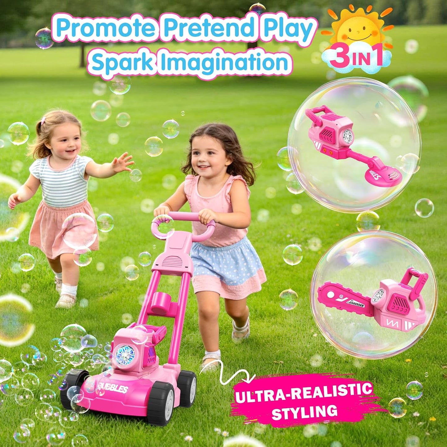 Bubble Lawn Mower for Kids,3-in-1 Bubble Machine Blower Toy Ages 3-8 Pink