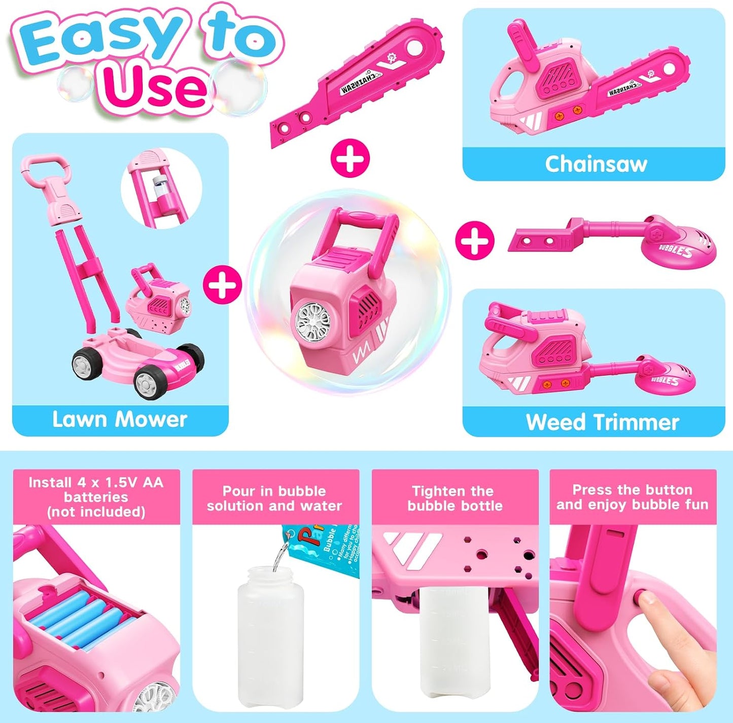 Bubble Lawn Mower for Kids,3-in-1 Bubble Machine Blower Toy Ages 3-8 Pink