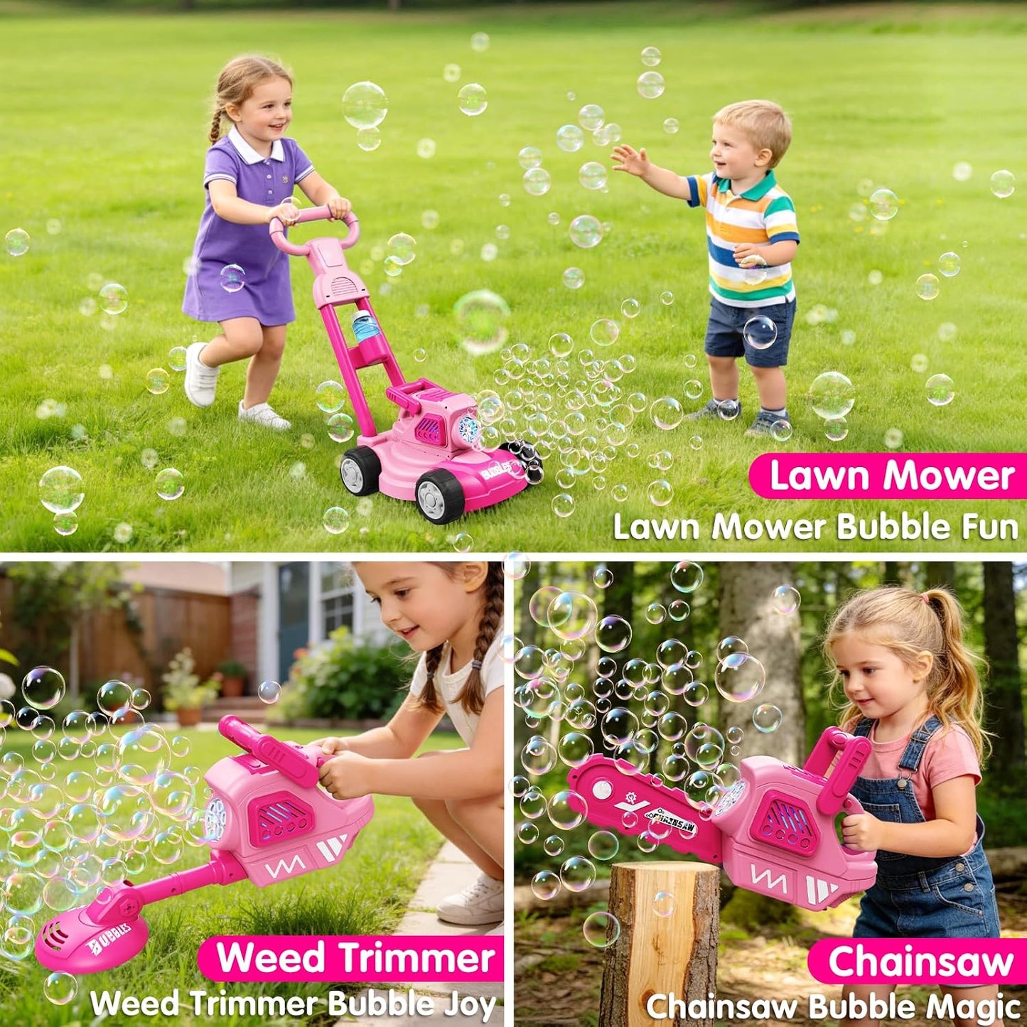 Bubble Lawn Mower for Kids,3-in-1 Bubble Machine Blower Toy Ages 3-8 Pink