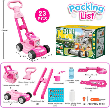 Bubble Lawn Mower for Kids,3-in-1 Bubble Machine Blower Toy Ages 3-8 Pink