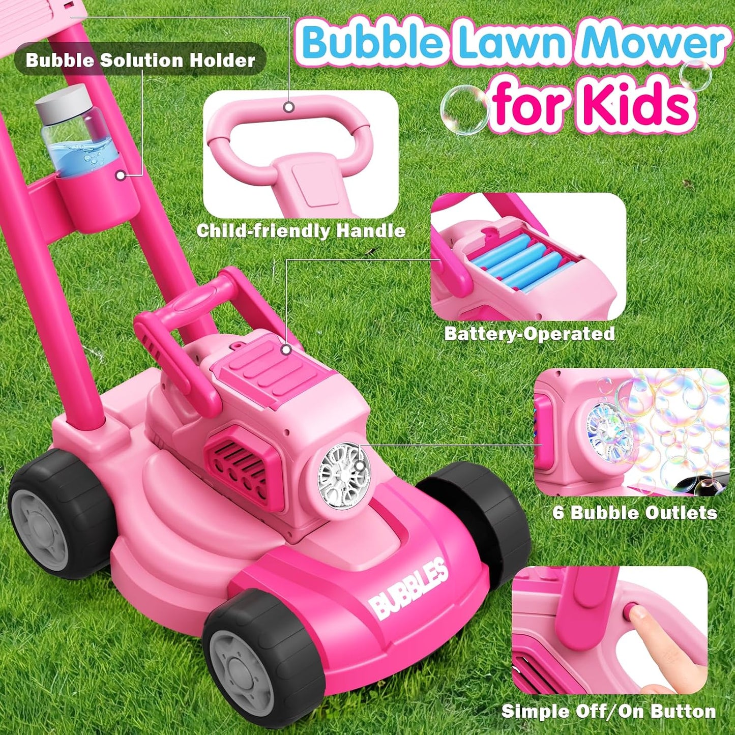 Bubble Lawn Mower for Kids,3-in-1 Bubble Machine Blower Toy Ages 3-8 Pink