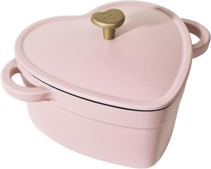 2QT Cast Iron Dutch Oven, Enameled Heart Shaped Casserole Dish with Lid, Oven Safe 500°F, Small Dutch Oven for Baking, Braising, Soups & Desserts (Pink Champagne)