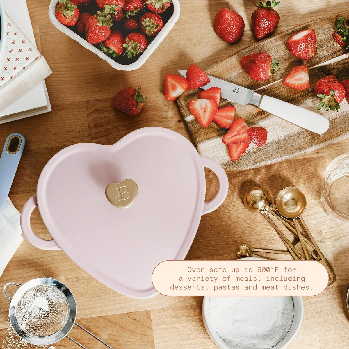 2QT Cast Iron Dutch Oven, Enameled Heart Shaped Casserole Dish with Lid, Oven Safe 500°F, Small Dutch Oven for Baking, Braising, Soups & Desserts (Pink Champagne)
