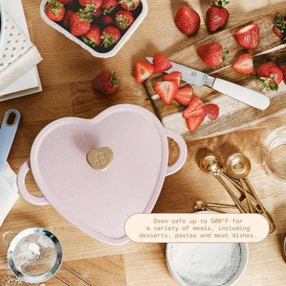 2QT Cast Iron Dutch Oven, Enameled Heart Shaped Casserole Dish with Lid, Oven Safe 500°F, Small Dutch Oven for Baking, Braising, Soups & Desserts (Pink Champagne)