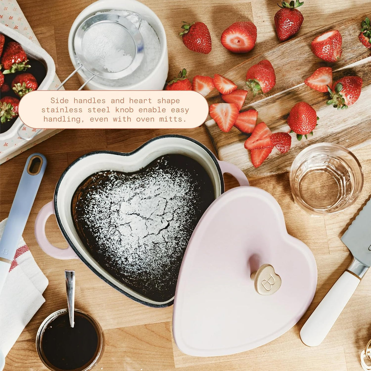 2QT Cast Iron Dutch Oven, Enameled Heart Shaped Casserole Dish with Lid, Oven Safe 500°F, Small Dutch Oven for Baking, Braising, Soups & Desserts (Pink Champagne)
